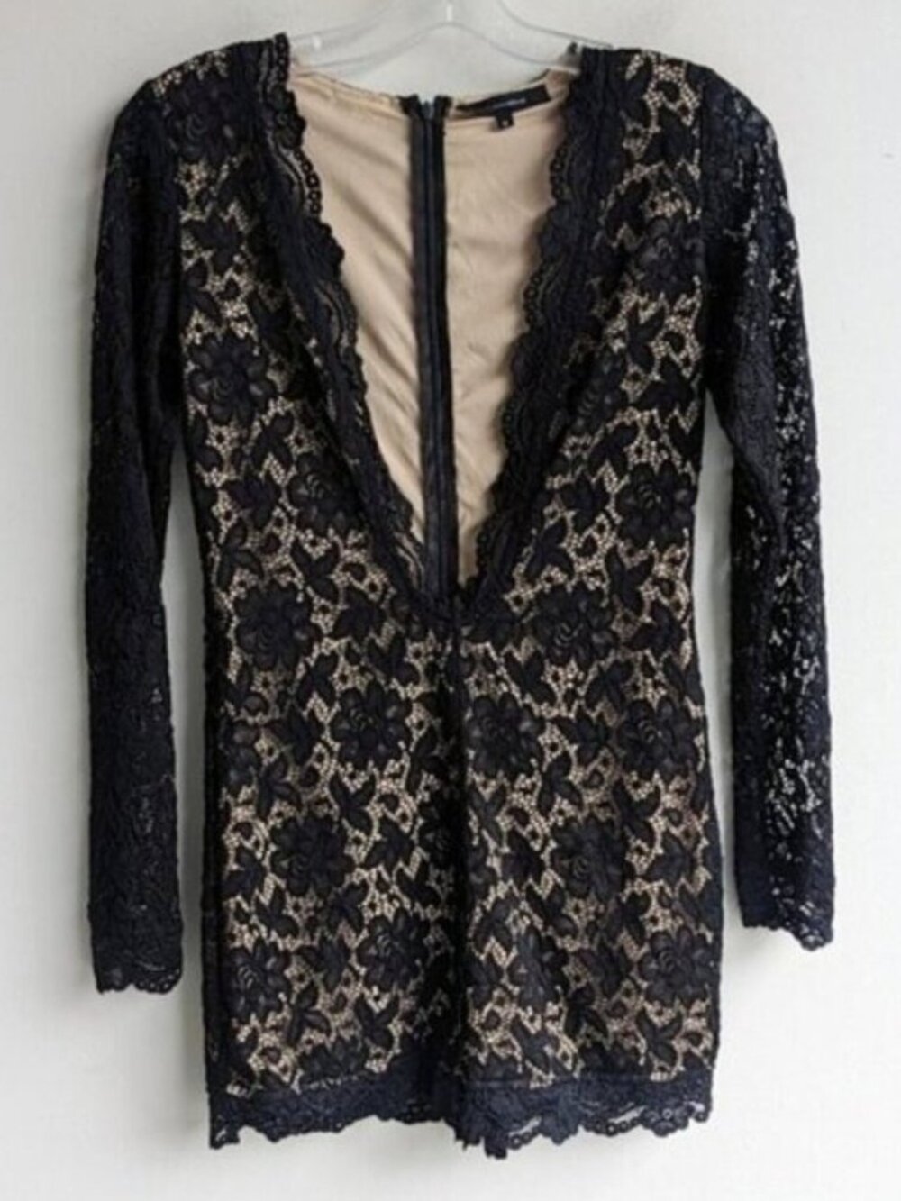 Olivaceous lace long sleeve romper with plunging neckline - black & nude